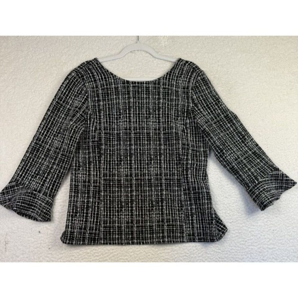 Talbots Sweater Womens Large Black White Plaid‎ Bell Sleeve Stretch Business Top
